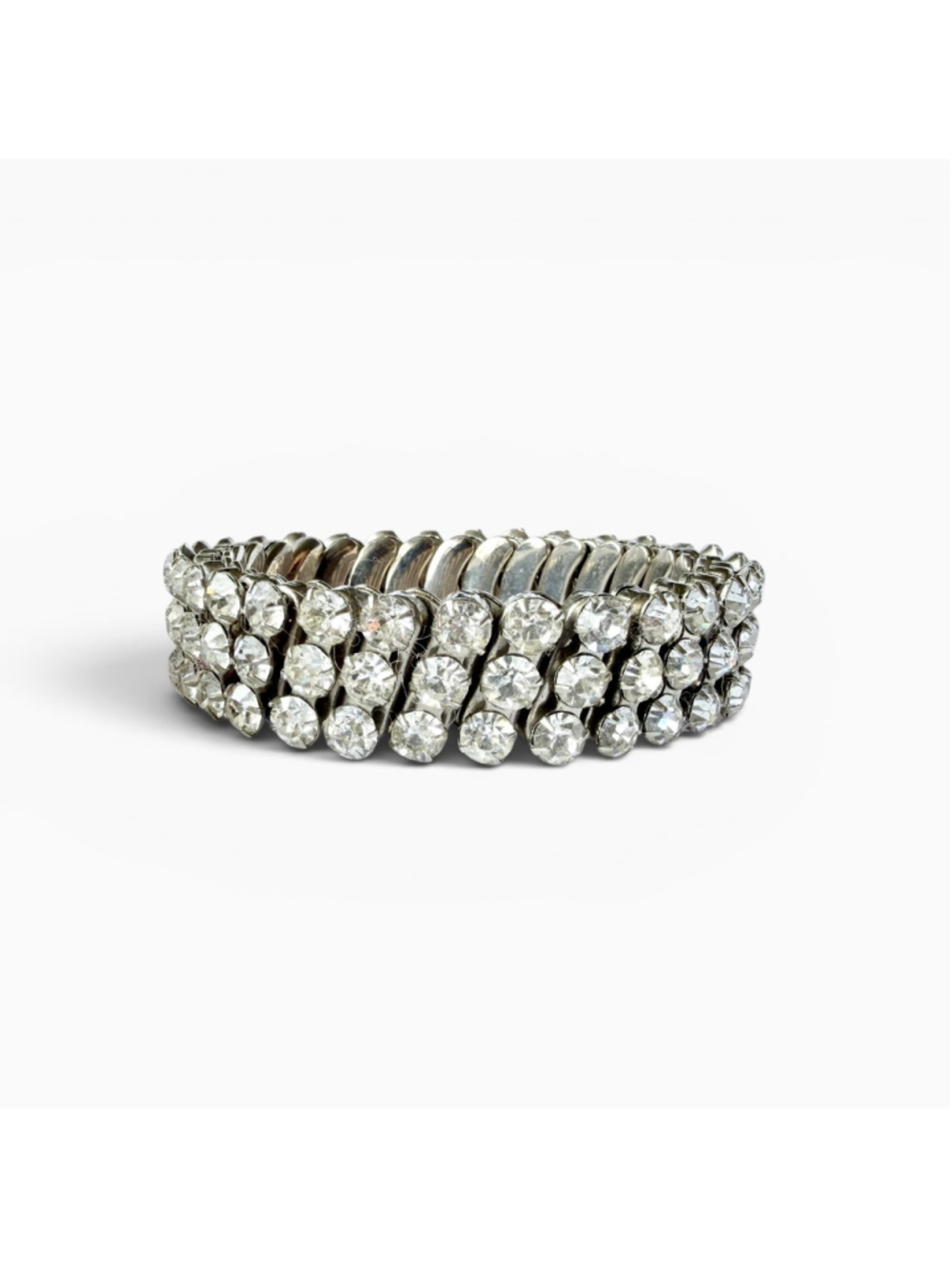 Vintage 1950s Rhinestone Expansion Bracelet, Triple Row Clear Crystal Stretch